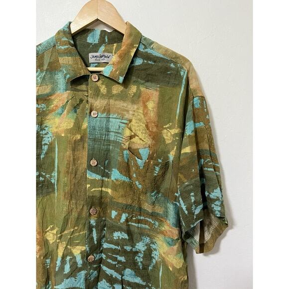 Jams World Hawaiian Abstract Rayon Button Shirt Mens Size XL Green Fern Patch - Picture 3 of 7